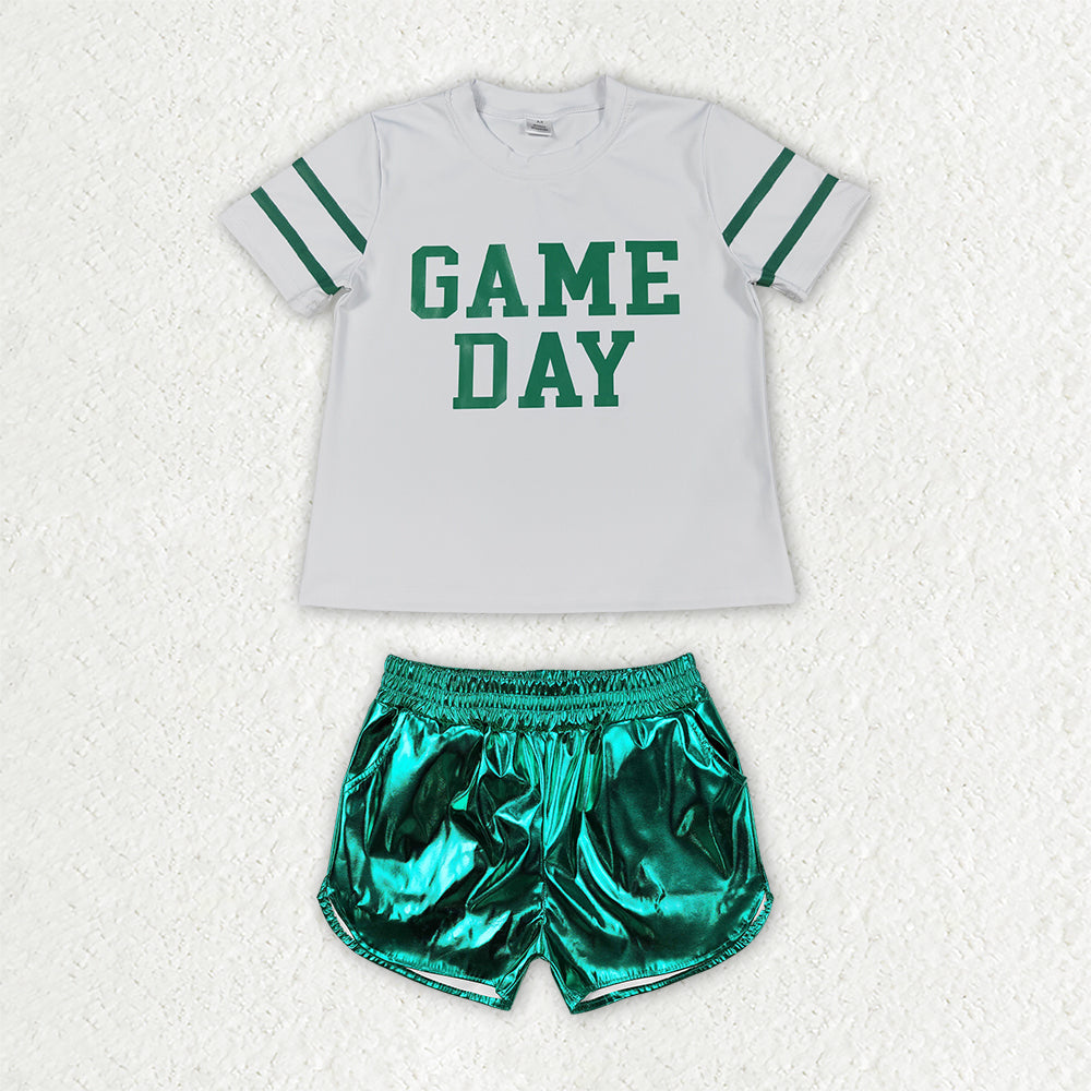 Preorder (moq 5) GSSO3871 Baby Girl Clothes Game Day Green Letter Print Short Sleeve Metallic Short Set