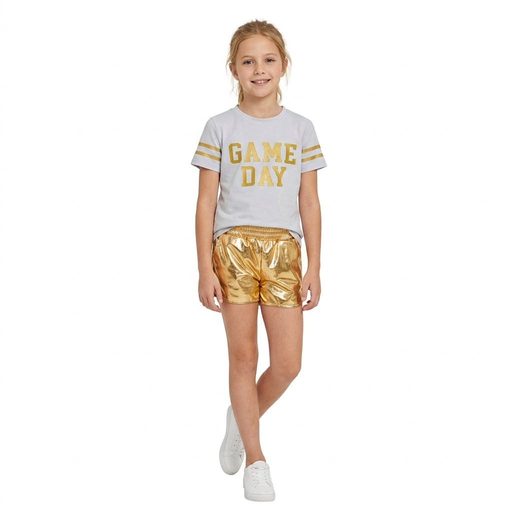 NO MOQ RTS GSSO3872-vinyl-bundle Baby Girl Clothes Yellow Game Day Letter Graphic Print Short Sleeve Top Metallic Short Pant Set 202610