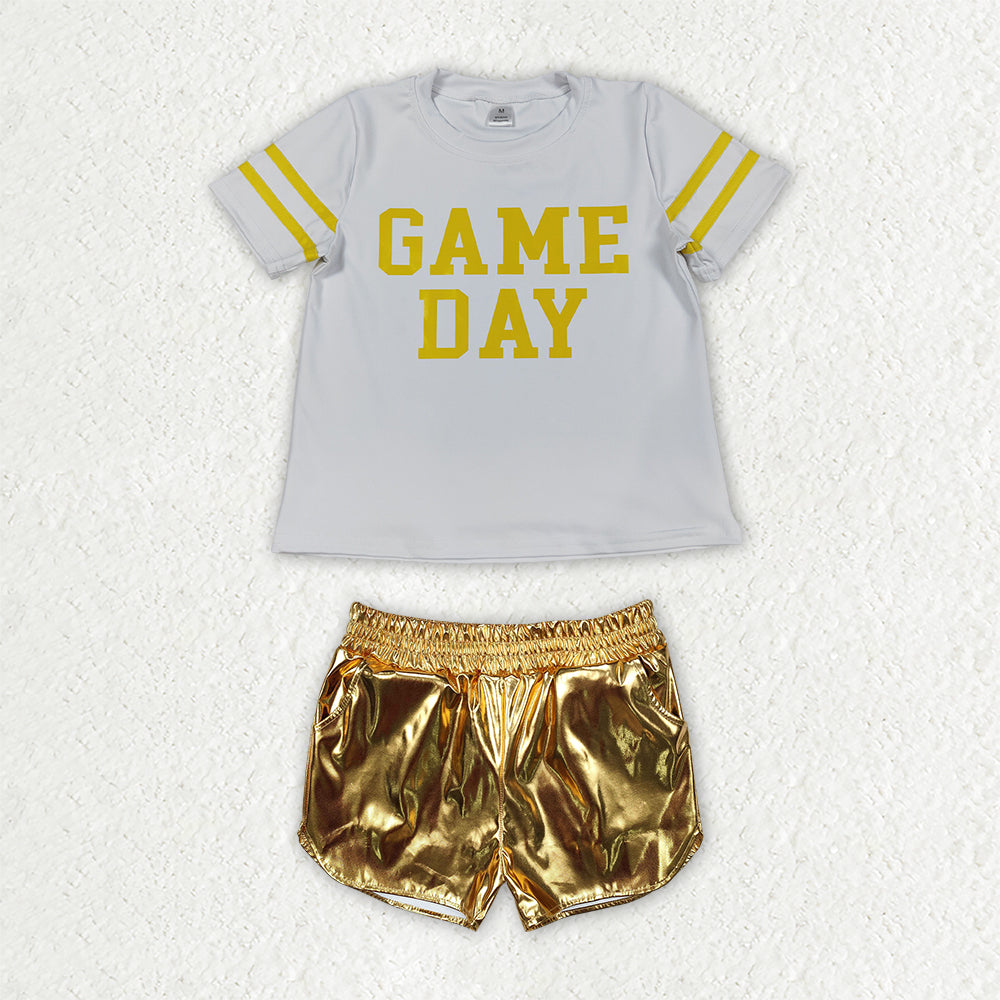 Preorder (moq 5) GSSO3872 Baby Girl Clothes Game Day Yellow Letter Print Short Sleeve Metallic Short Set
