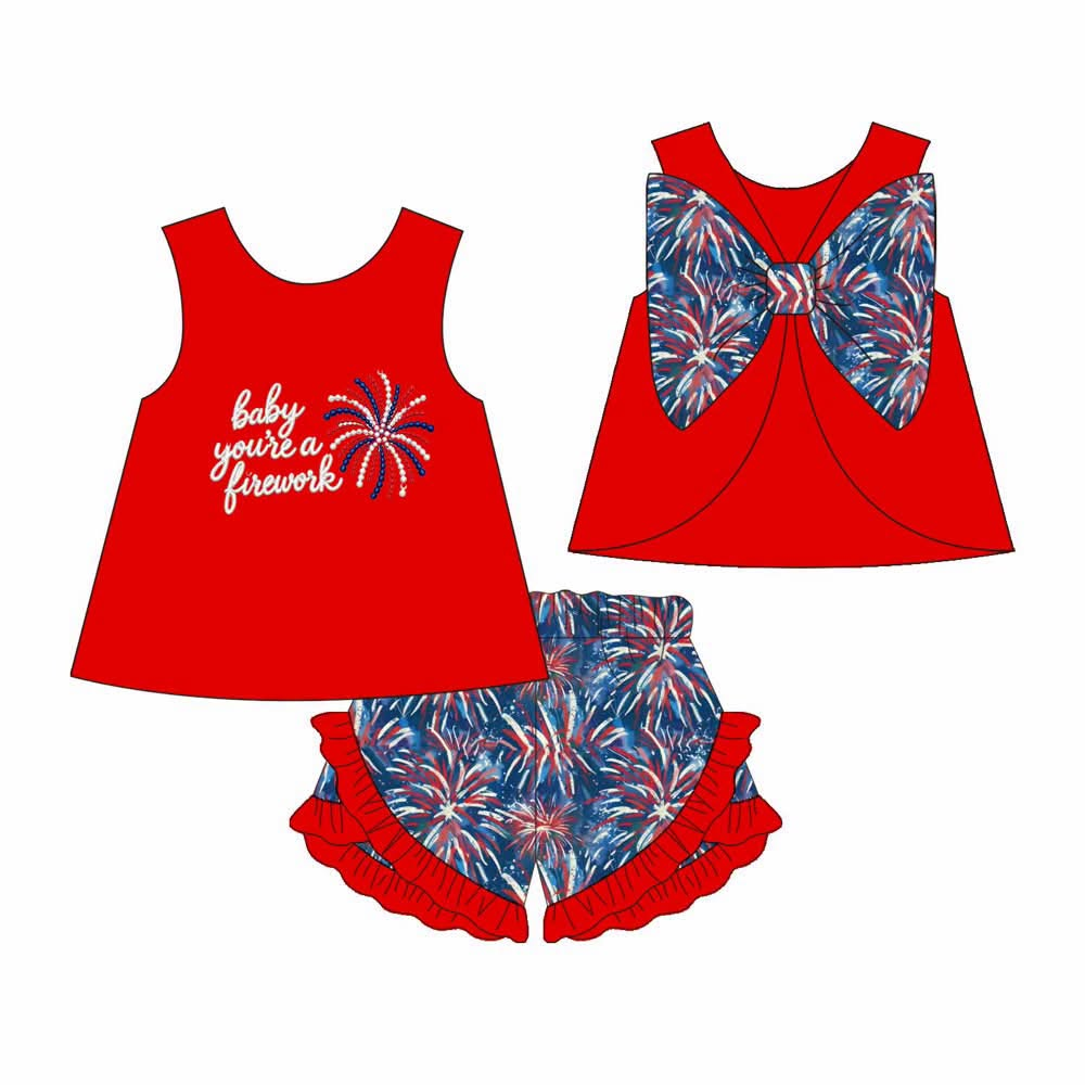 Preorder (moq 5) GSSO3873 Baby Girl Clothes Red Floral Bow Mixed Print Sleeveless Ruffle Short Set