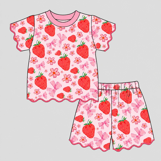 Preorder (moq 5) GSSO3874 Baby Girl Clothes Strawberry Floral Print Short Sleeve Scallop Short Set