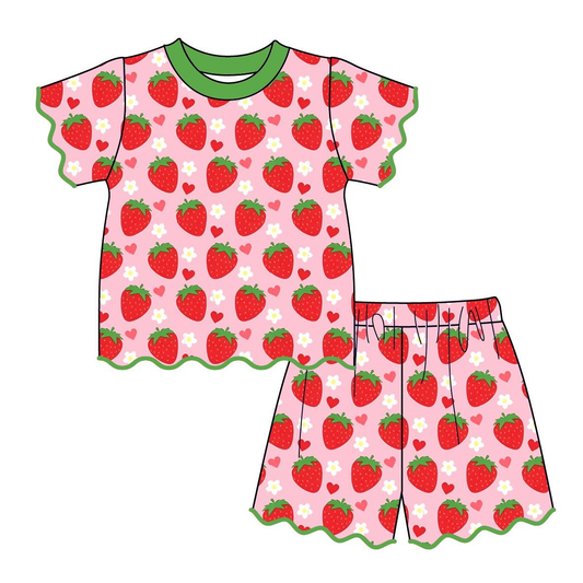 Preorder (moq 5) GSSO3875 Baby Girl Clothes Strawberry Print Short Sleeve Scallop Skort Set