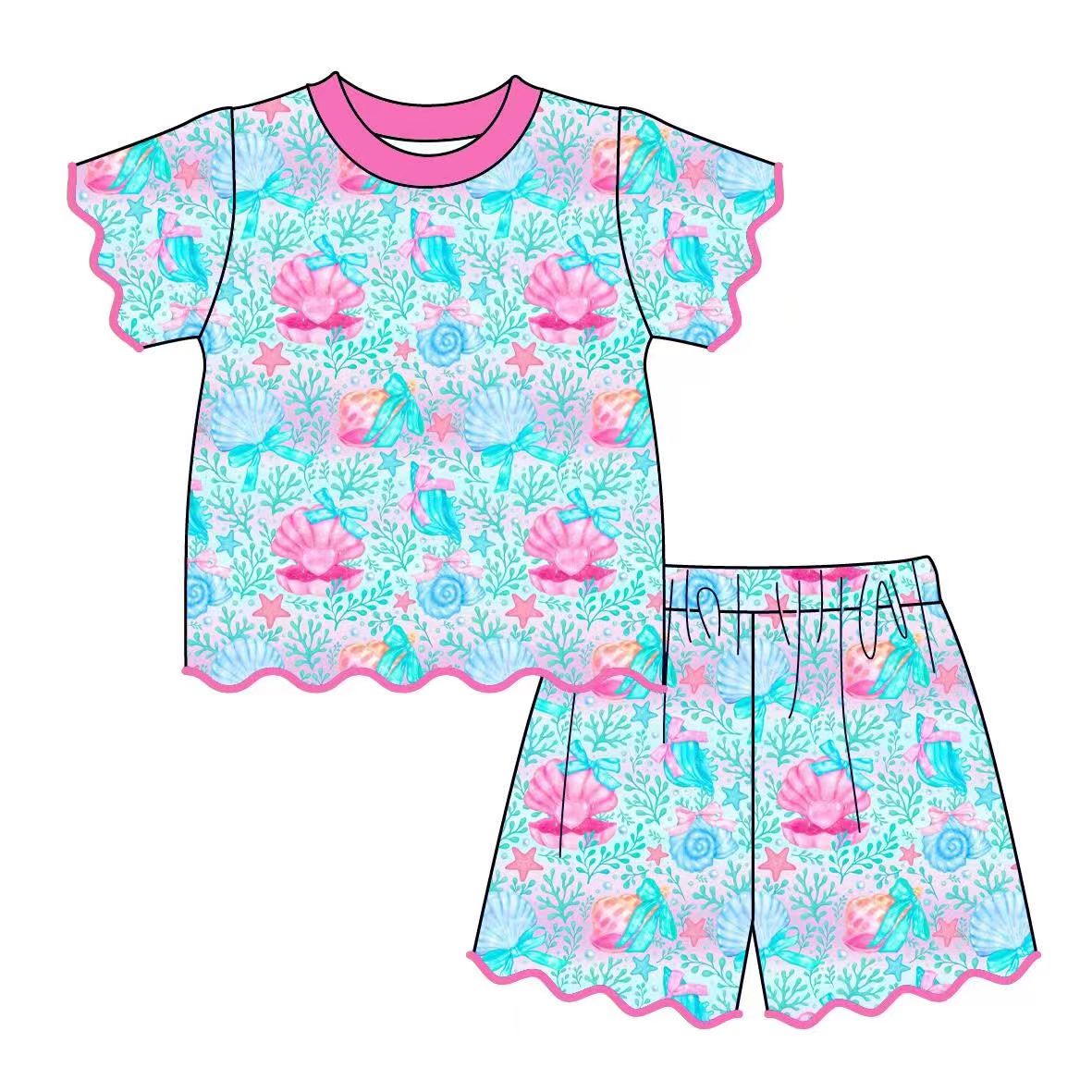 Preorder (moq 5) GSSO3876 Baby Girl Clothes Floral Butterfly Print Short Sleeve Scallop Short Set