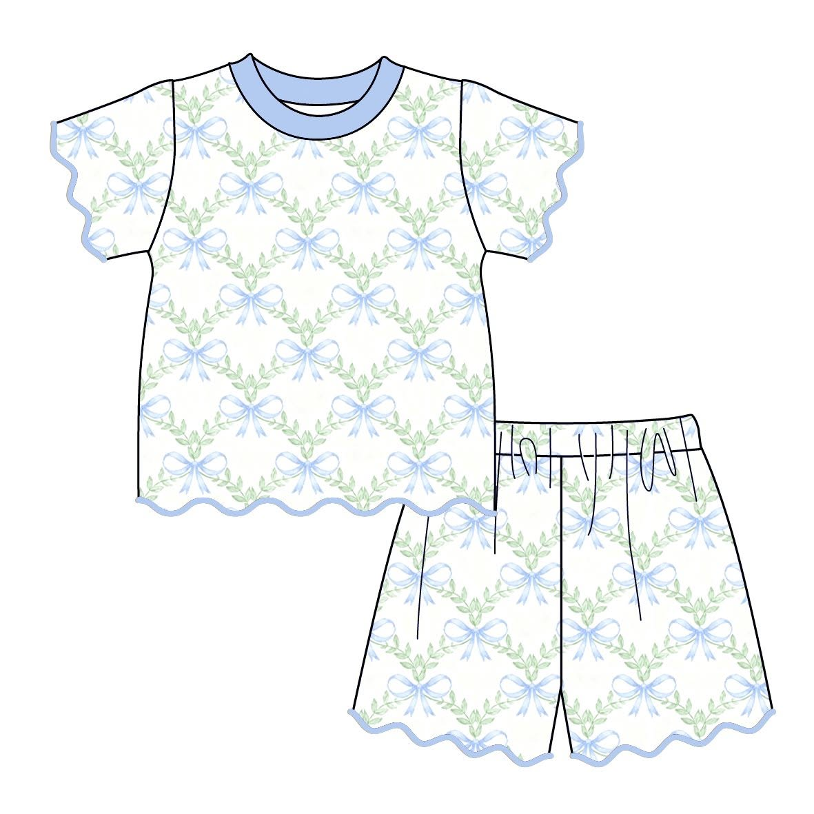 Preorder (moq 5) GSSO3877 Baby Girl Clothes Chevron Leaf Print Short Sleeve Scallop Short Set