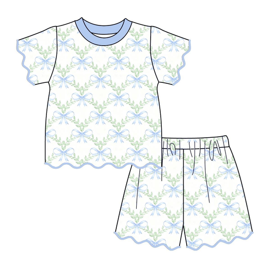 Preorder (moq 5) GSSO3877 Baby Girl Clothes Chevron Leaf Print Short Sleeve Scallop Short Set