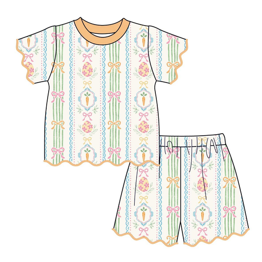 Preorder (moq 5) GSSO3879 Baby Girl Clothes Vertical Striped Floral Print Short Sleeve Scallop Short Set