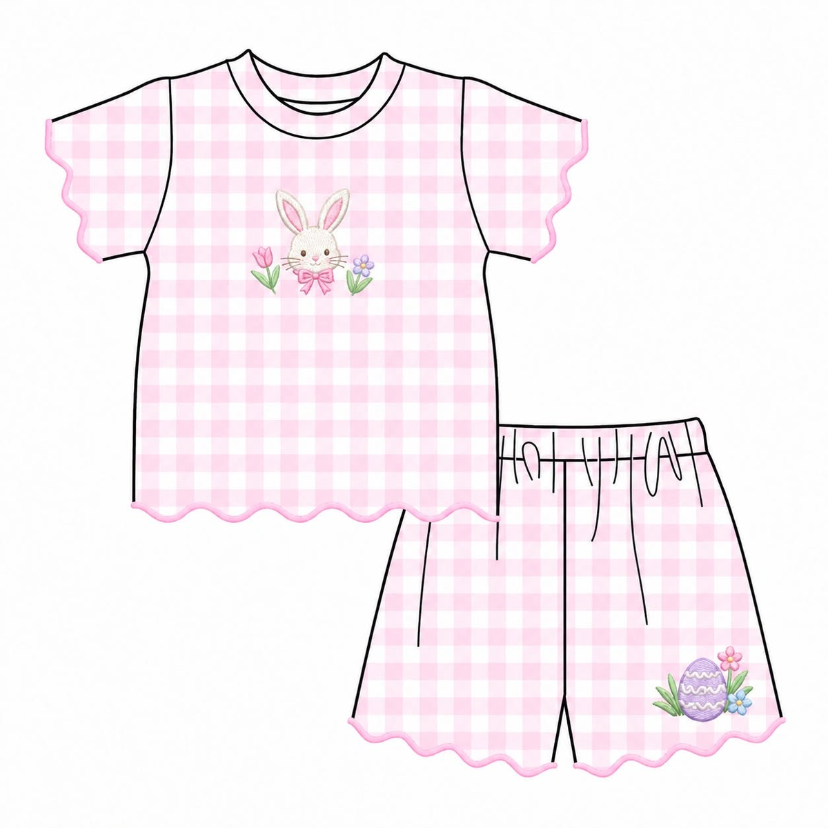 Preorder (moq 5) GSSO3880 Baby Girl Clothes Pink Gingham Floral Print Short Sleeve Scallop Short Set