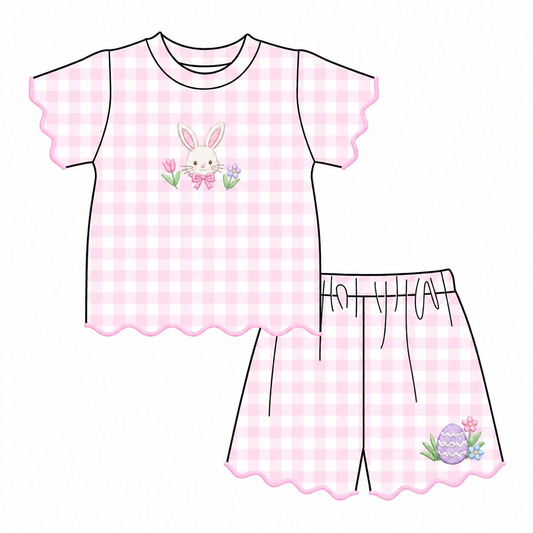 Preorder (moq 5) GSSO3880 Baby Girl Clothes Pink Gingham Floral Print Short Sleeve Scallop Short Set