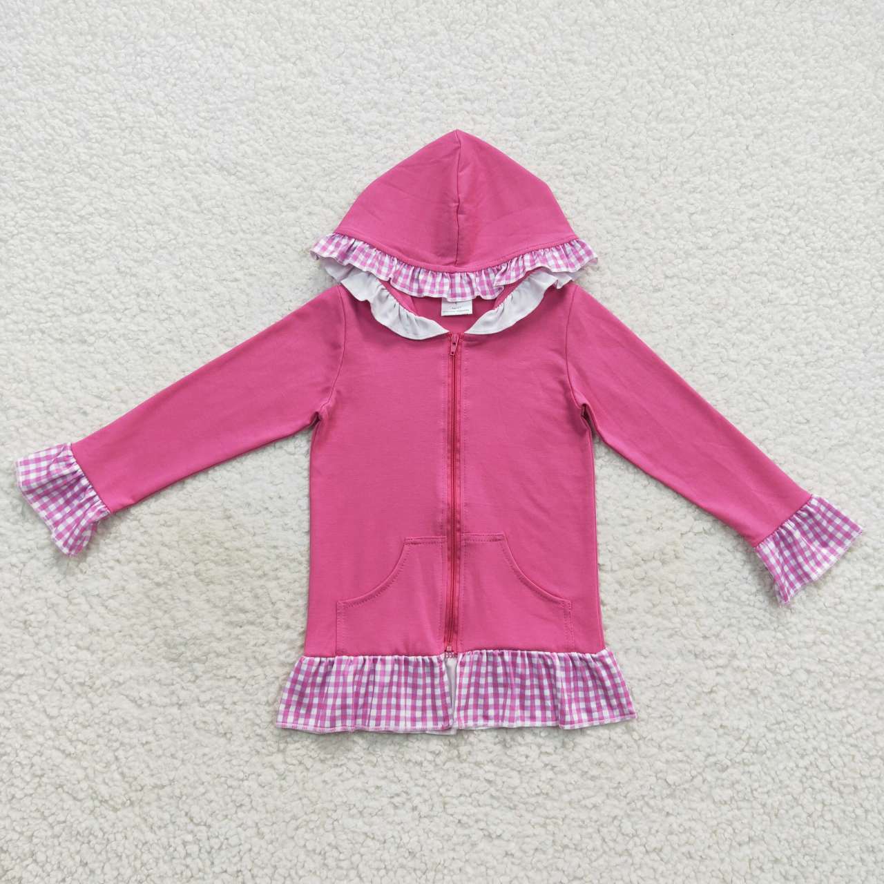 GT0261 hot pink Ruffle print zipper hoodie loose girl top 20231006 RTS