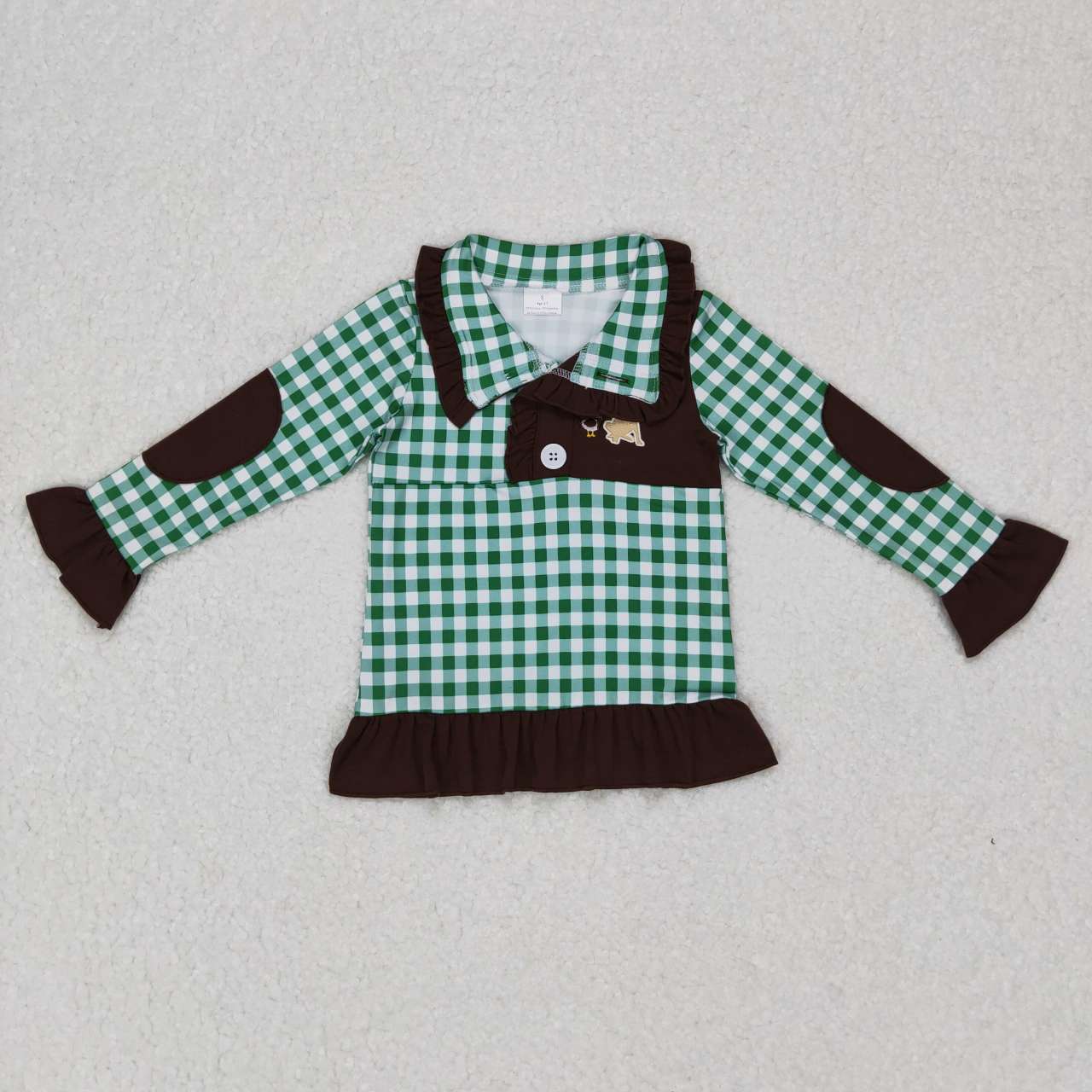 GT0284 RTS embroidery green plaid girl boy long sleeve coat pullover top 20231012