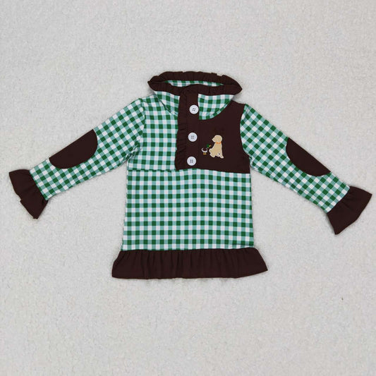 GT0284 RTS embroidery green plaid girl boy long sleeve coat pullover top 20231012