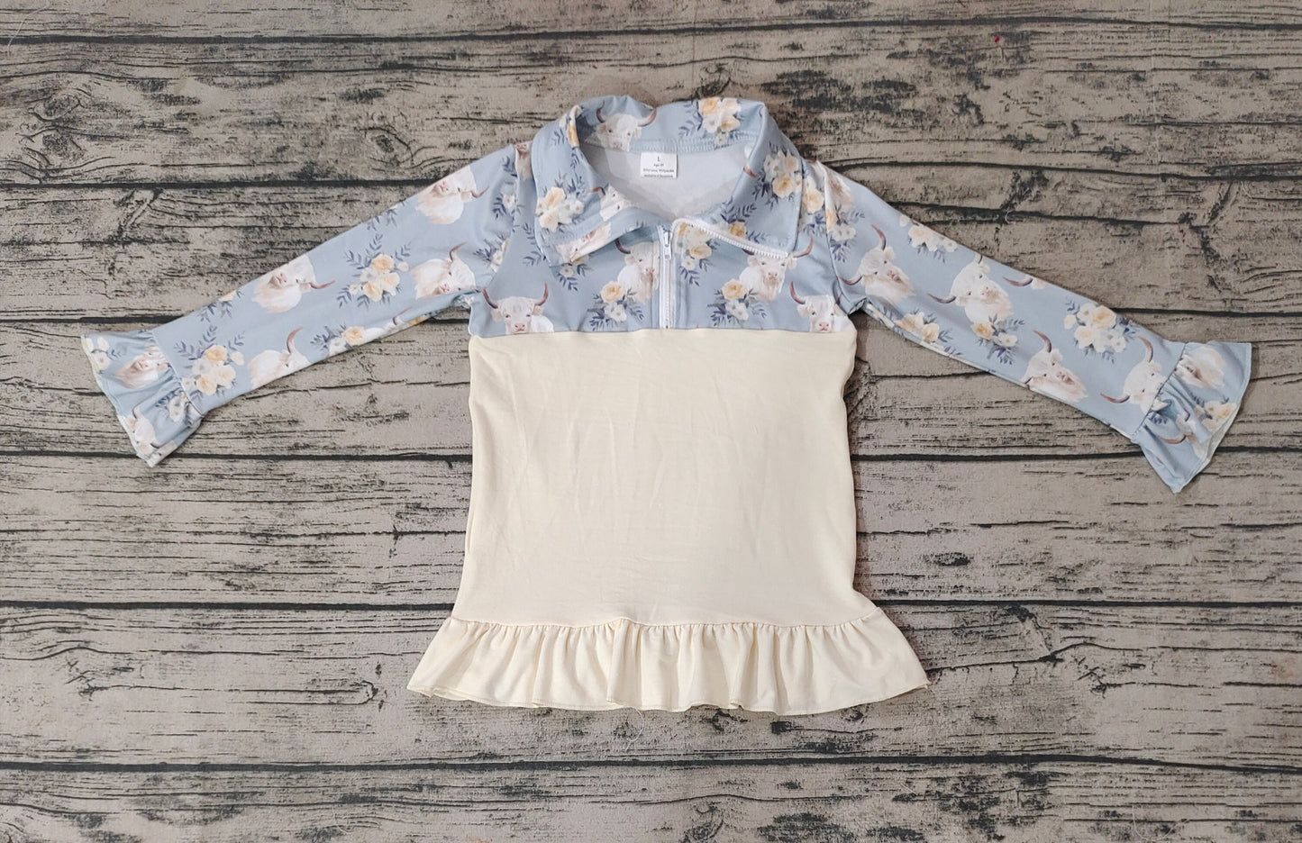 GT0301 RTS long sleeve flower cow blue collar girl pullover zipper top 20231007