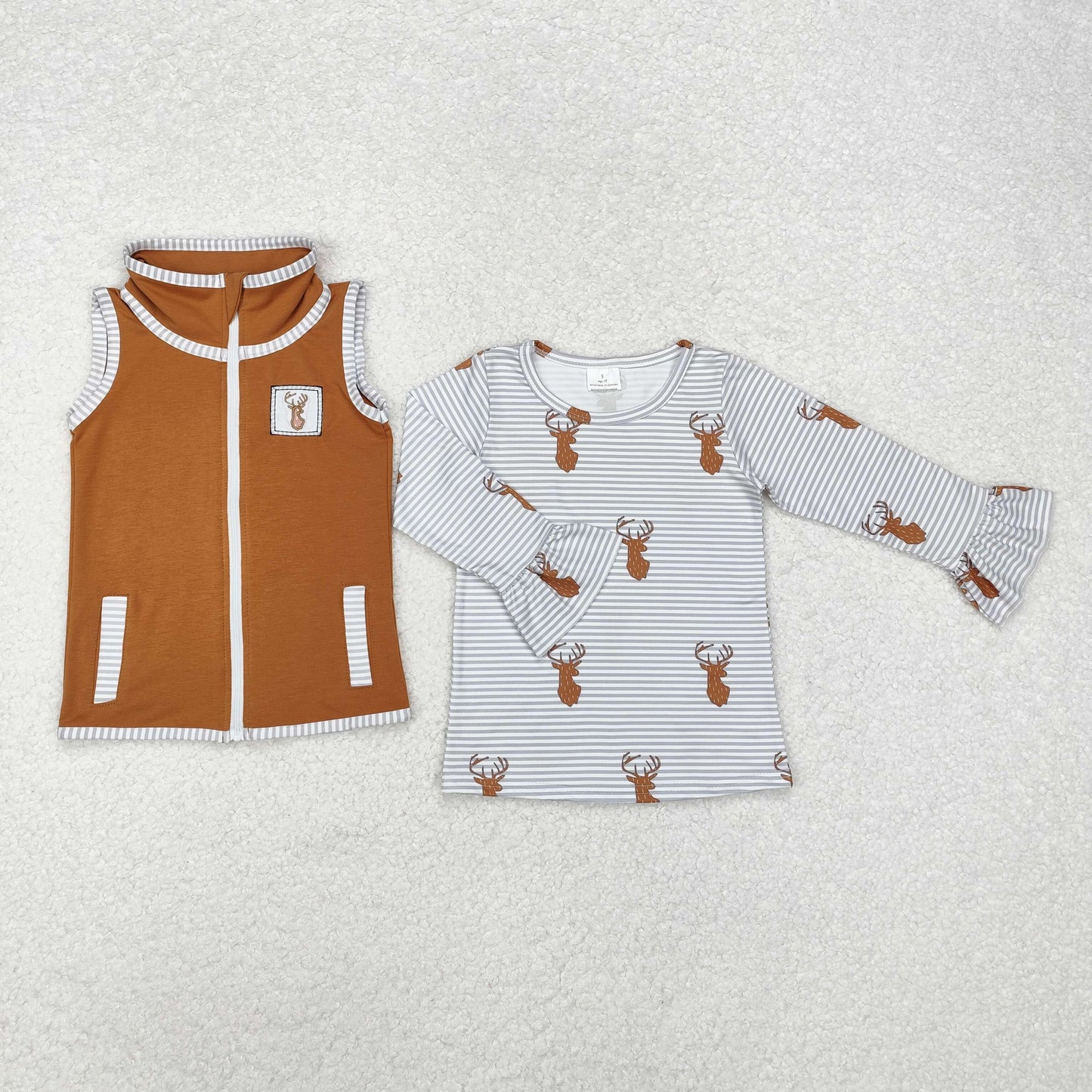 GT0742 组合  2pcs girl top with vest Christmas deer Zipper vest T-shirt top 202411 RTS