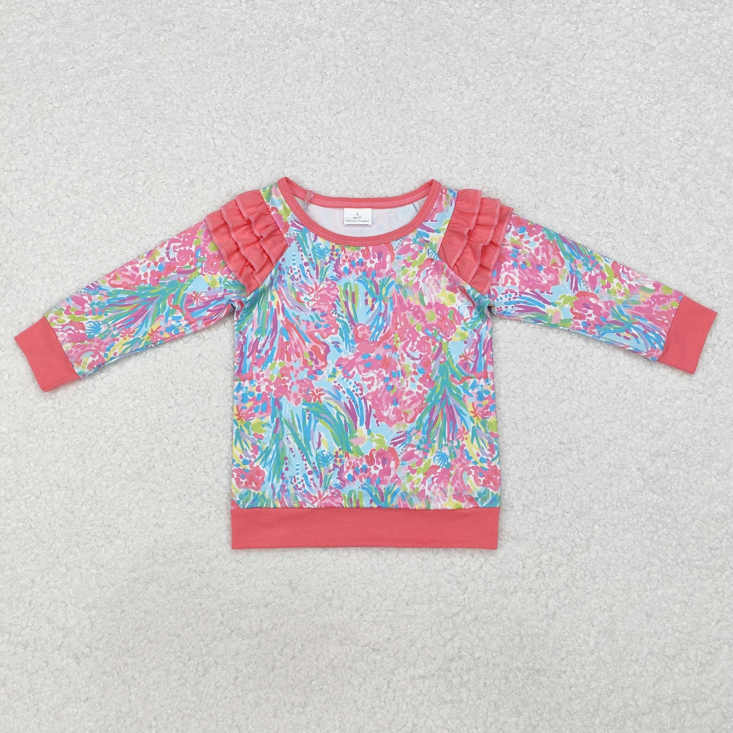 GT0766  Ruffle flowers  long sleeve girl top tee  202410  RTS