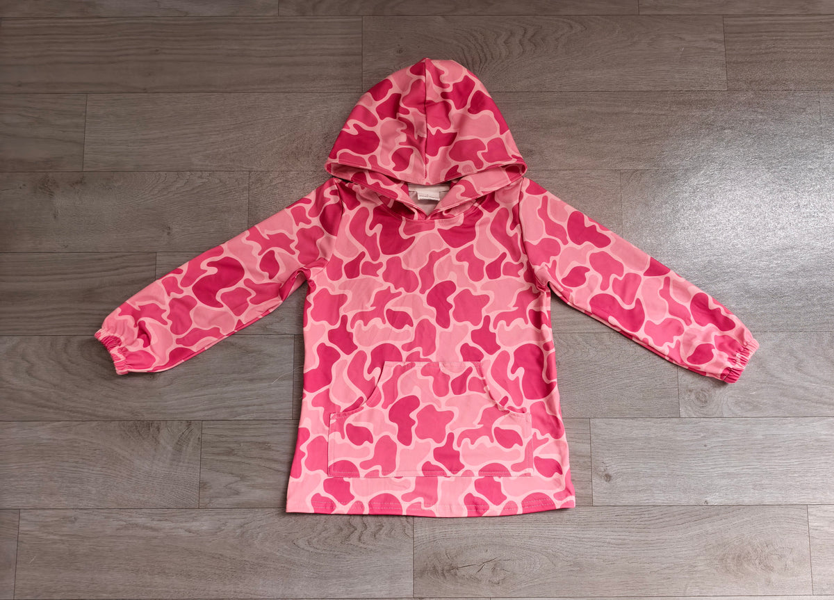 Sample-Real Pics GT0866 Baby Girl Clothes Pink Camo Abstract Print Long Sleeve Hooded Tunic