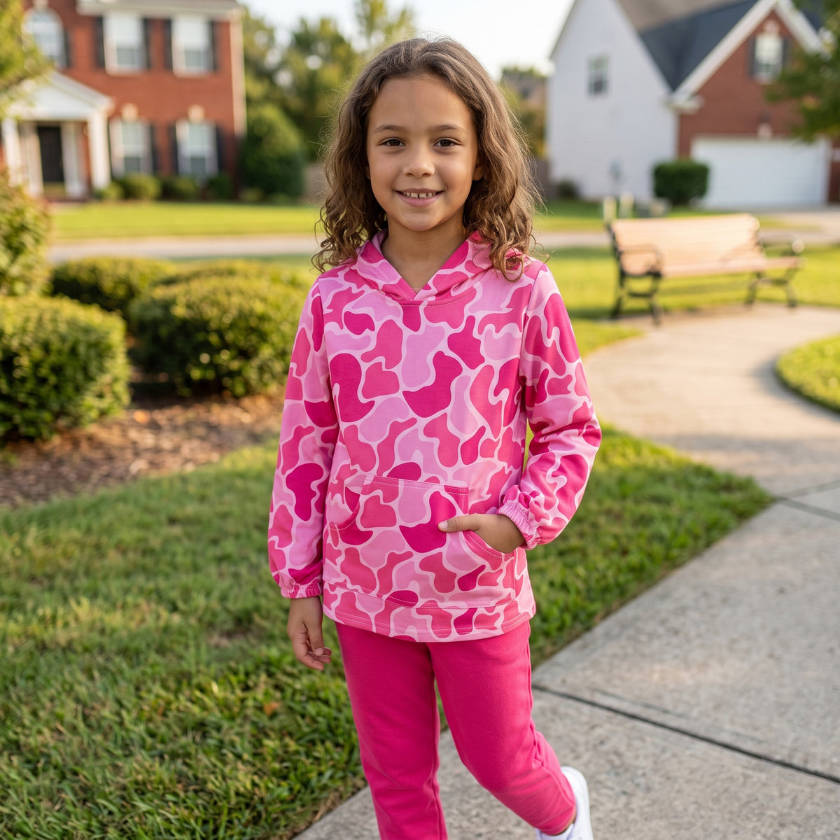 NO MOQ RTS GT0866 Baby Girl Clothes Pink Camo Full Print Long Sleeve Hooded Tunic Top 202609
