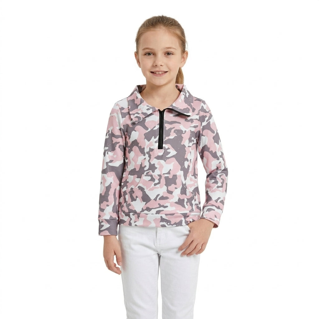 NO MOQ RTS GT1178-yoga Baby Girl Clothes Pink Grey Camo Print Half Zip Pocket Long Sleeve Pullover Top 202610