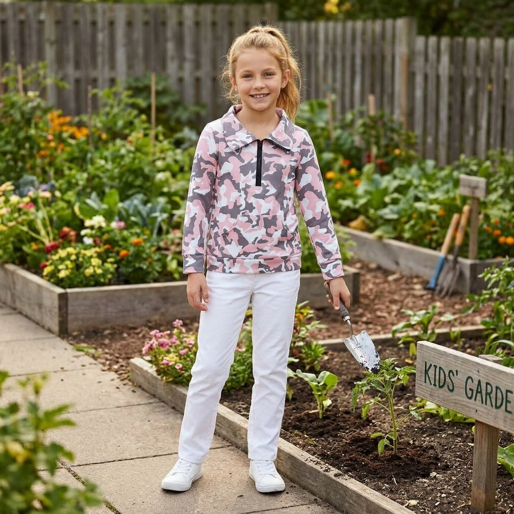 NO MOQ RTS GT1178-yoga Baby Girl Clothes Pink Grey Camo Print Half Zip Pocket Long Sleeve Pullover Top 202610