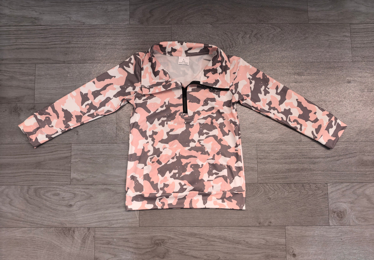 Sample-Real Pics GT1178 Baby Girl Clothes Pink Camo Allover Print Long Sleeve Half Zip Pullover Top