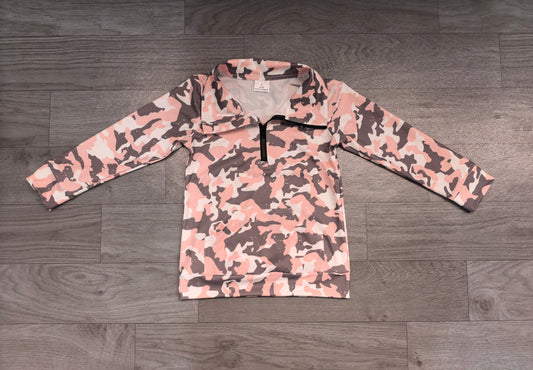 Sample-Real Pics GT1178 Baby Girl Clothes Pink Camo Allover Print Long Sleeve Half Zip Pullover Top
