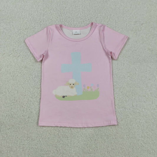 GT1394 Easter cross sheep top kids girl  202511 RTS