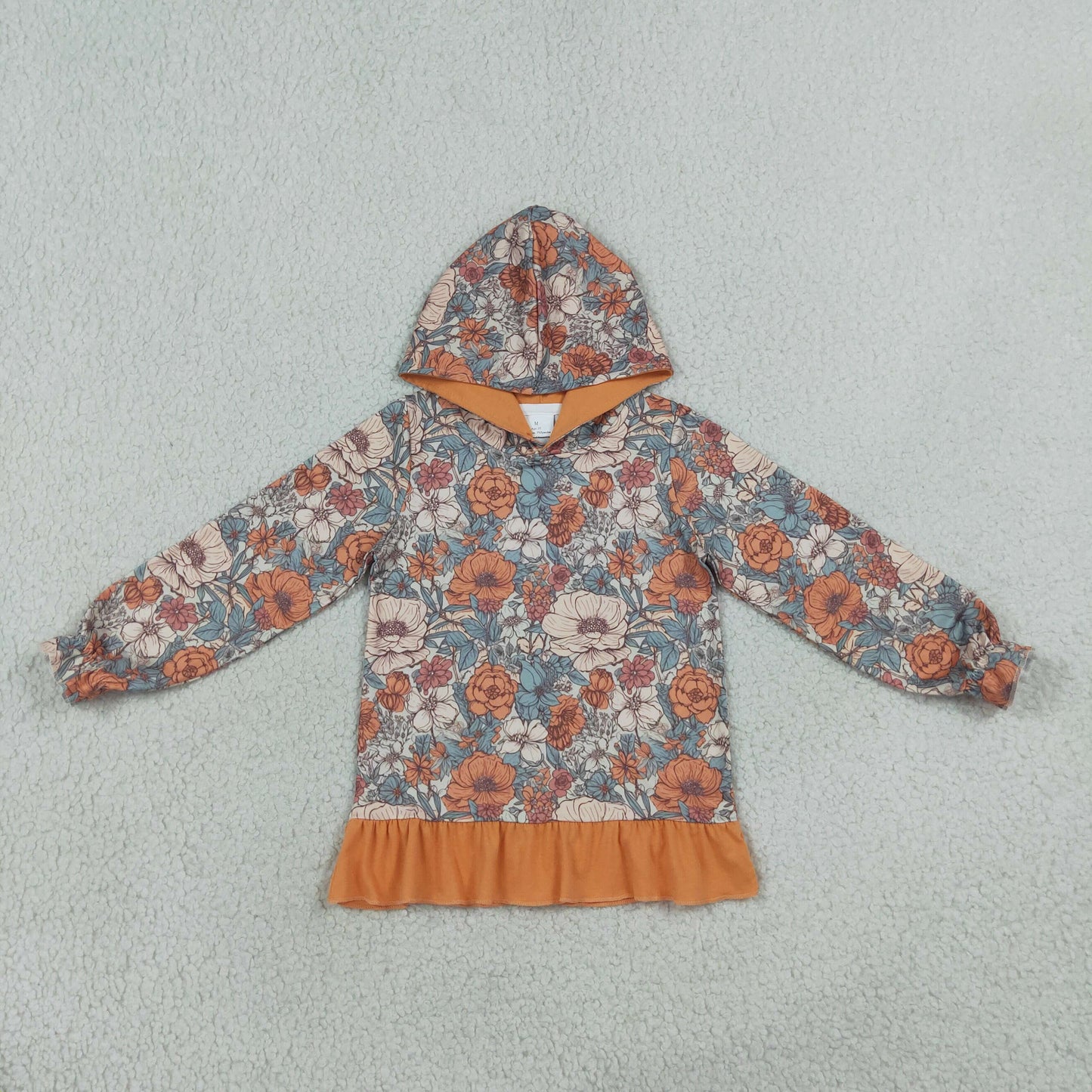 RTS GT1643 Girls Floral Camo Hoodie with Ruffle Hem – Long Sleeve Hooded Sweatshirt Top, Fall Casual Outerwear