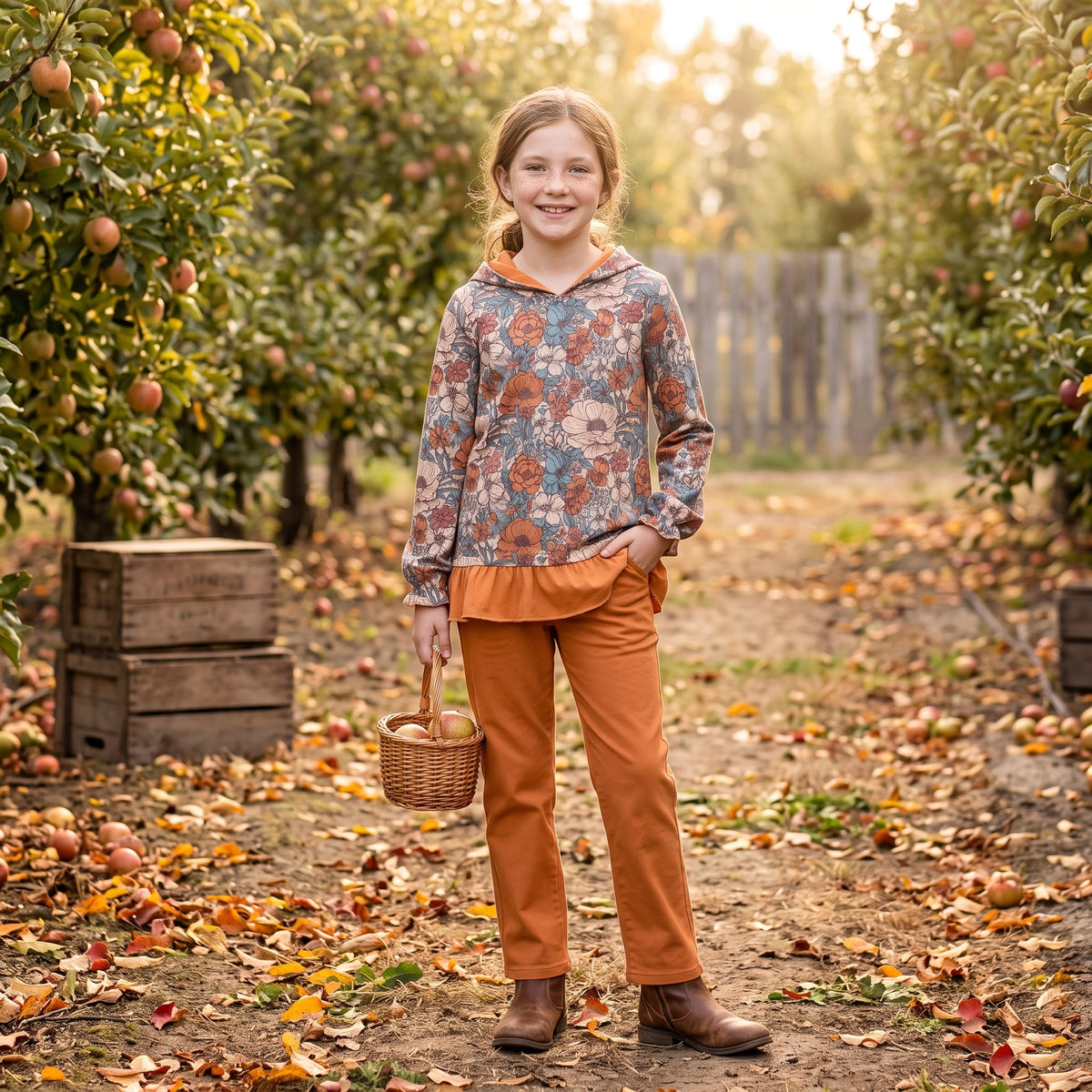 RTS GT1643 Girls Floral Camo Hoodie with Ruffle Hem – Long Sleeve Hooded Sweatshirt Top, Fall Casual Outerwear