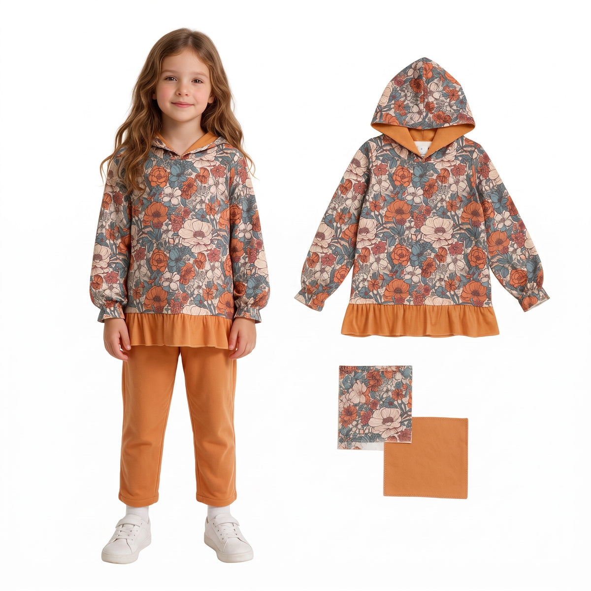 RTS GT1643 Girls Floral Camo Hoodie with Ruffle Hem – Long Sleeve Hooded Sweatshirt Top, Fall Casual Outerwear