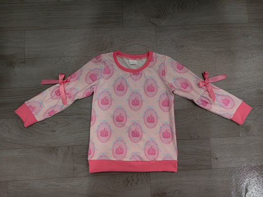 NO MOQ Sample-Real Pics GT1657 Halloween Print Long Sleeve Top Bow Detail Girls Top 202608