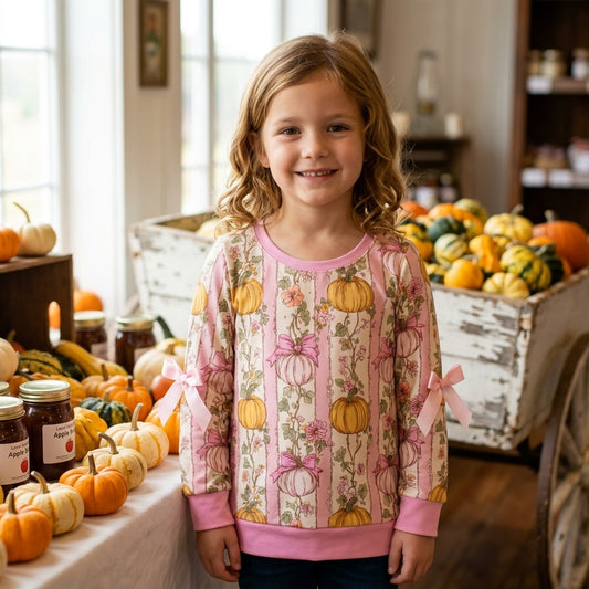 NO MOQ RTS GT1659 Baby Girl Clothes Pumpkin Bow Stripe Print Long Sleeve Top
