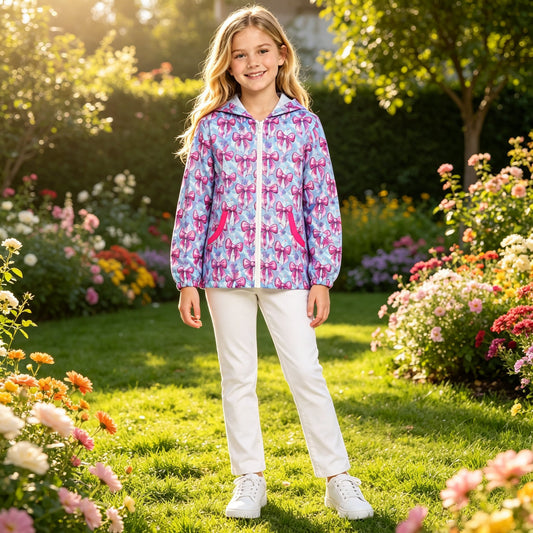 NO MOQ RTS GT1674 (2) Baby Girl Clothes Pink Bow Mixed Print Long Sleeve Zip Hooded Jacket 202609