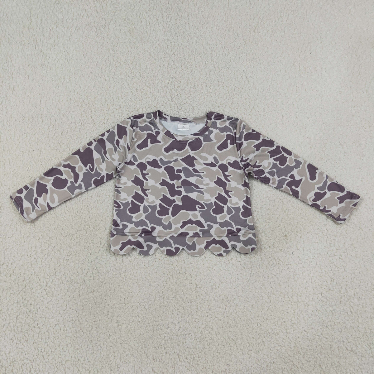 NO MOQ RTS GT1685-scallop Baby Girl Clothes Camo Print Scalloped Hem Long Sleeve Top 202609