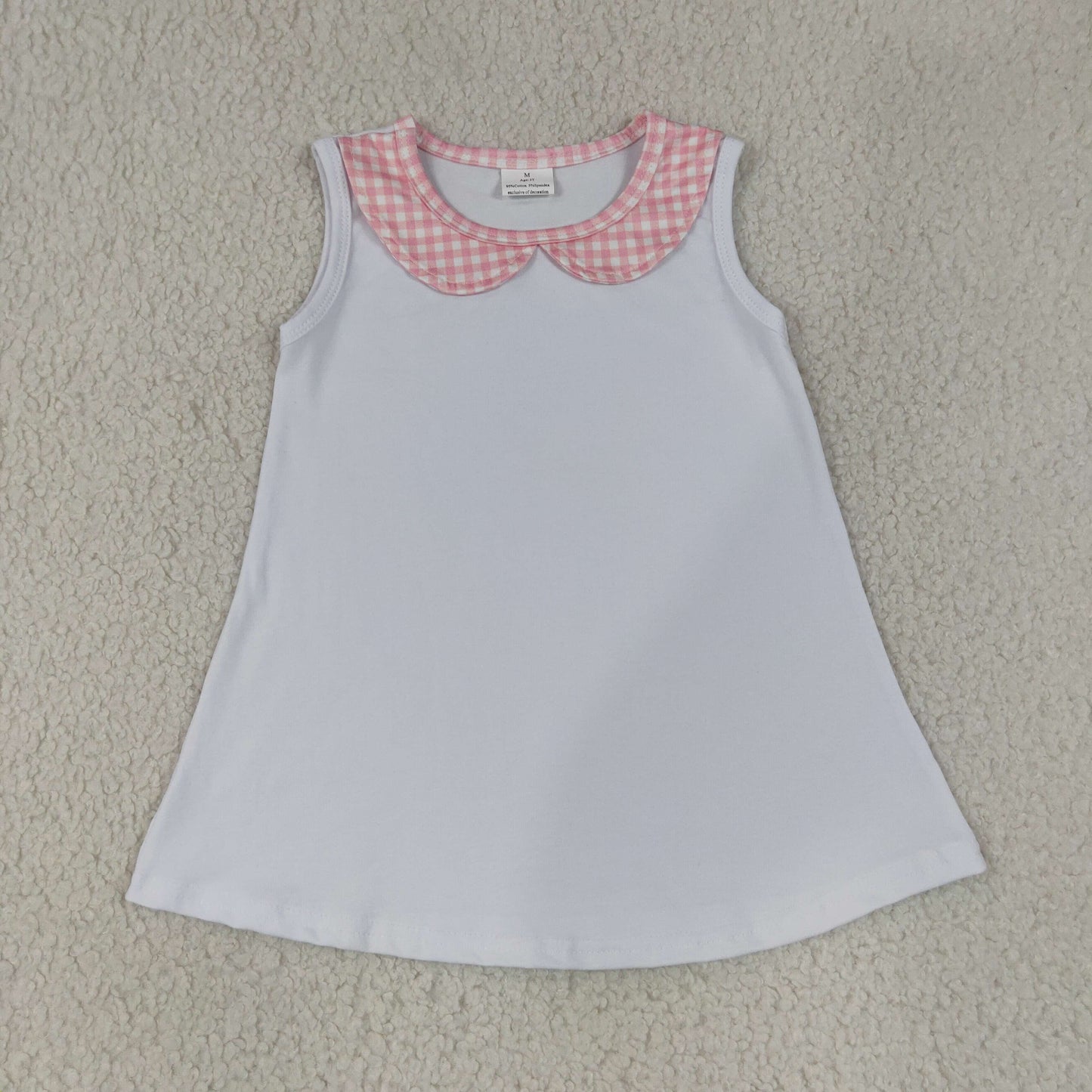 GT1706 Toddler Girls Ribbed Tank Top Pink Gingham Peter Pan Collar Casual Kids Sundress TOP  202607 RTS