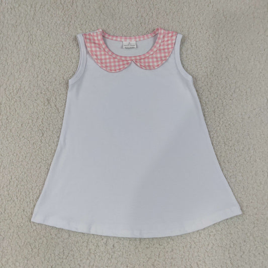GT1706 Toddler Girls Ribbed Tank Top Pink Gingham Peter Pan Collar Casual Kids Sundress TOP  202607 RTS