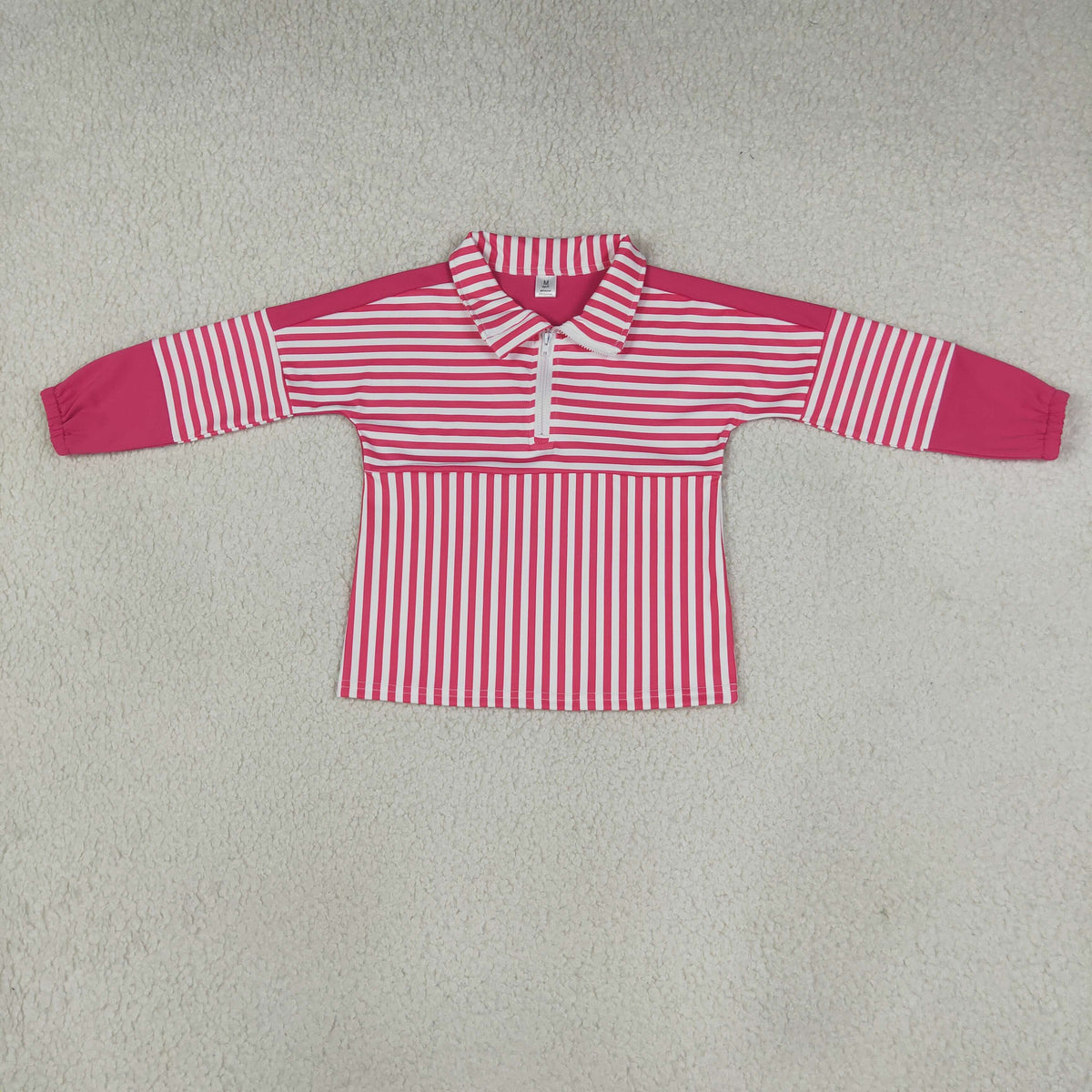 NO MOQ RTS GT1715 Baby Girl Clothes Pink White Stripe Allover Print Long Sleeve Half Zip Polo Top 202610