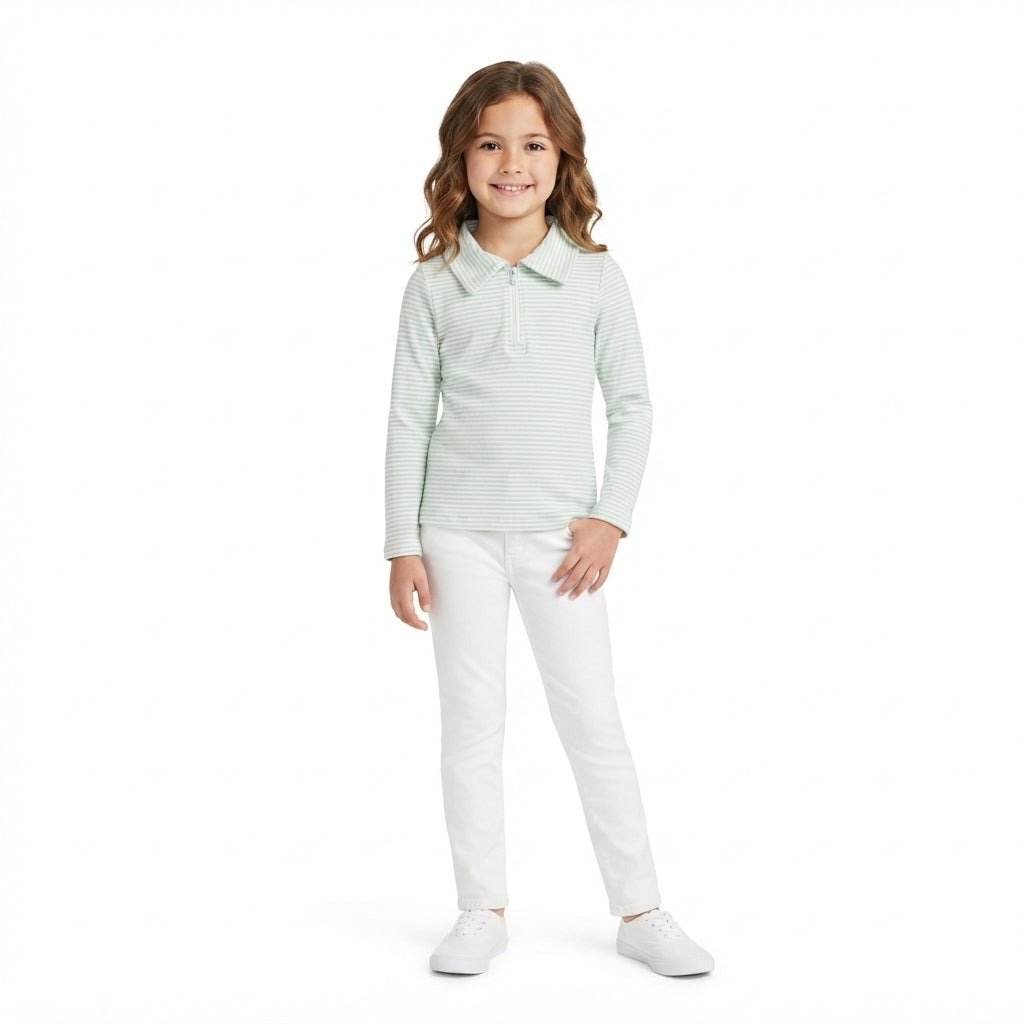 NO MOQ RTS GT1755 (2) Baby Girl Clothes Light Green Striped Print Long Sleeve Half Zip Polo Top 202609