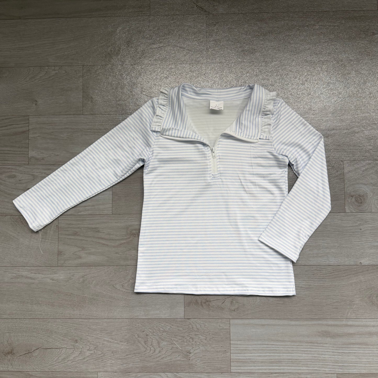 RTS GT1755 White Stripe Ruffle Collar Half Zip Girls Long Sleeve Top 202608