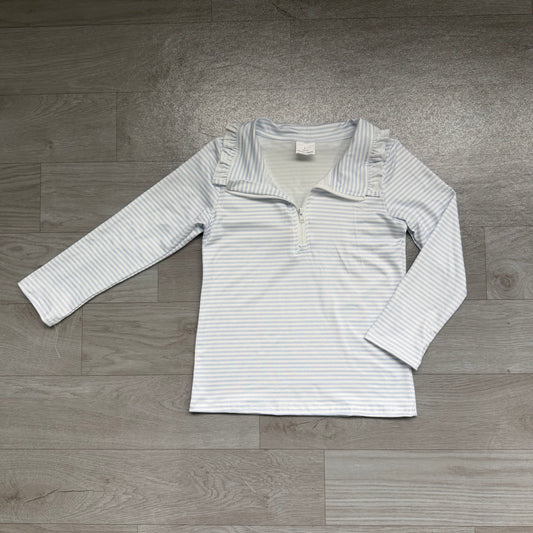 RTS GT1755 White Stripe Ruffle Collar Half Zip Girls Long Sleeve Top 202608
