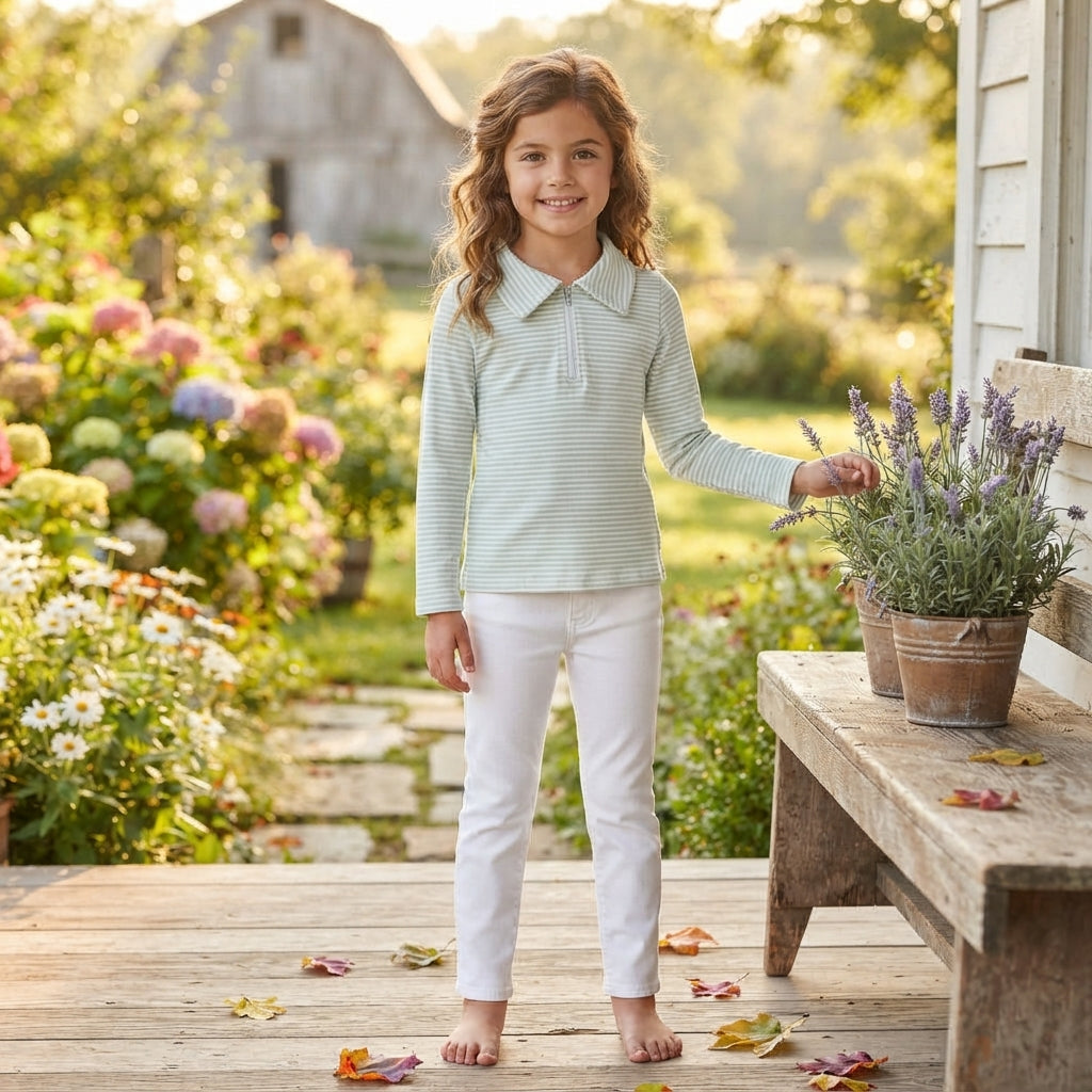 NO MOQ RTS GT1755 (2) Baby Girl Clothes Light Green Striped Print Long Sleeve Half Zip Polo Top 202609