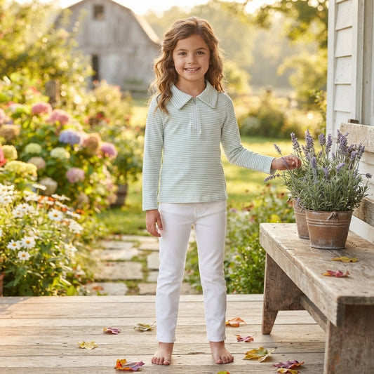 NO MOQ RTS GT1755 Baby Girl Clothes Blue White Striped Simple Print Long Sleeve Zipper Polo Shirt 202609