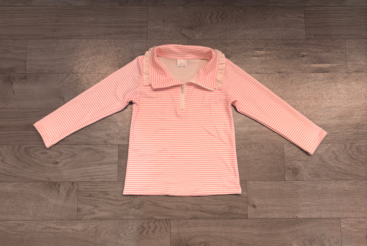 Sample-Real Pics GT1756 Baby Girl Clothes Pink White Striped Ruffle Collar Long Sleeve Half Zip Top