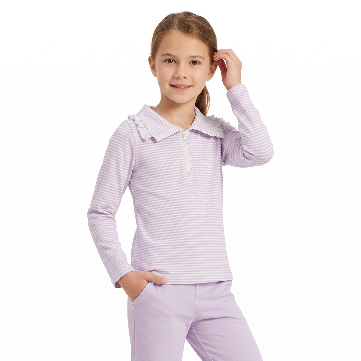NO MOQ RTS GT1758(1) Baby Girl Clothes Purple Striped Print Long Sleeve Ruffle Collar Zip Top 202609