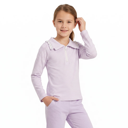 NO MOQ RTS GT1758(1) Baby Girl Clothes Purple Striped Print Long Sleeve Ruffle Collar Zip Top 202609