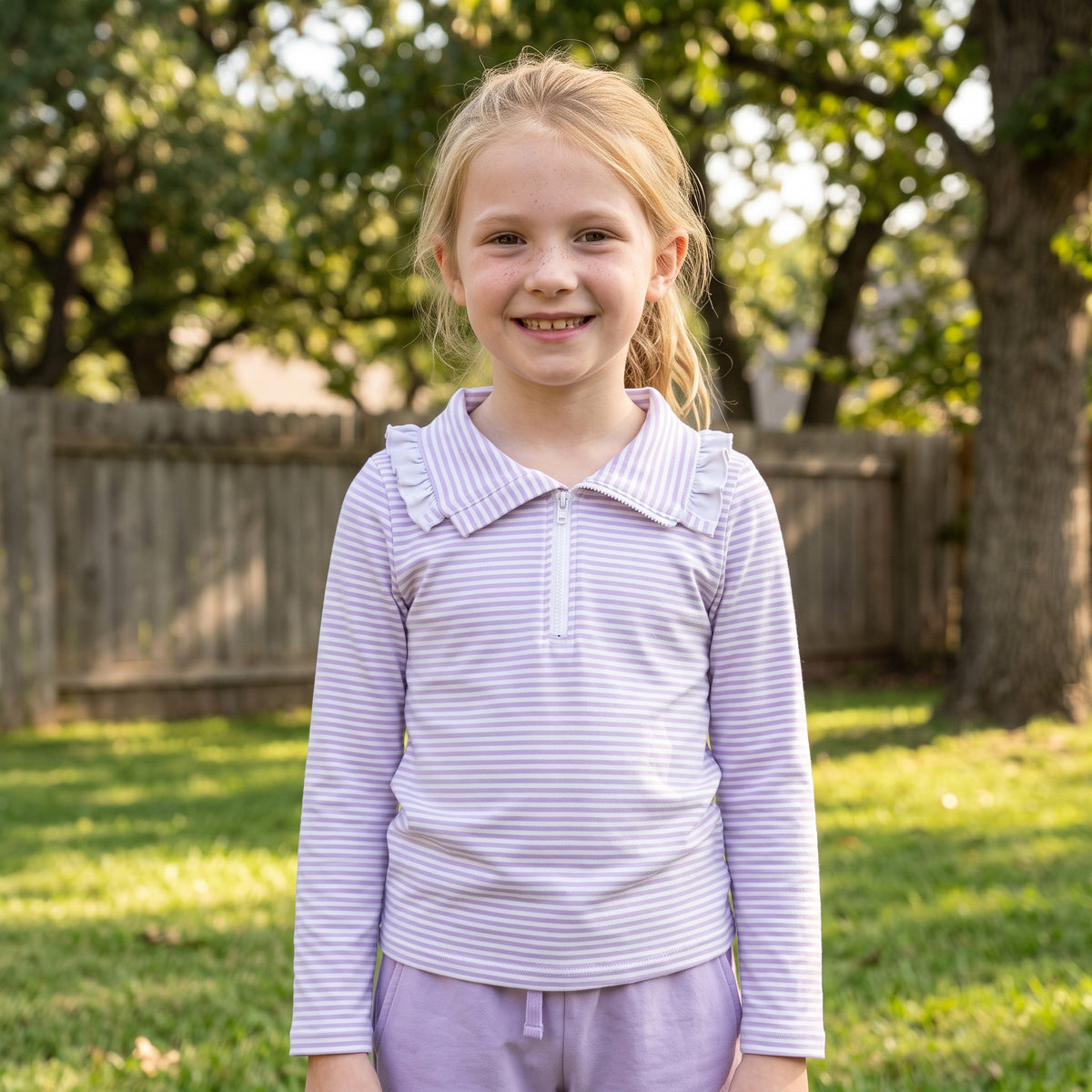 NO MOQ RTS GT1758(1) Baby Girl Clothes Purple Striped Print Long Sleeve Ruffle Collar Zip Top 202609