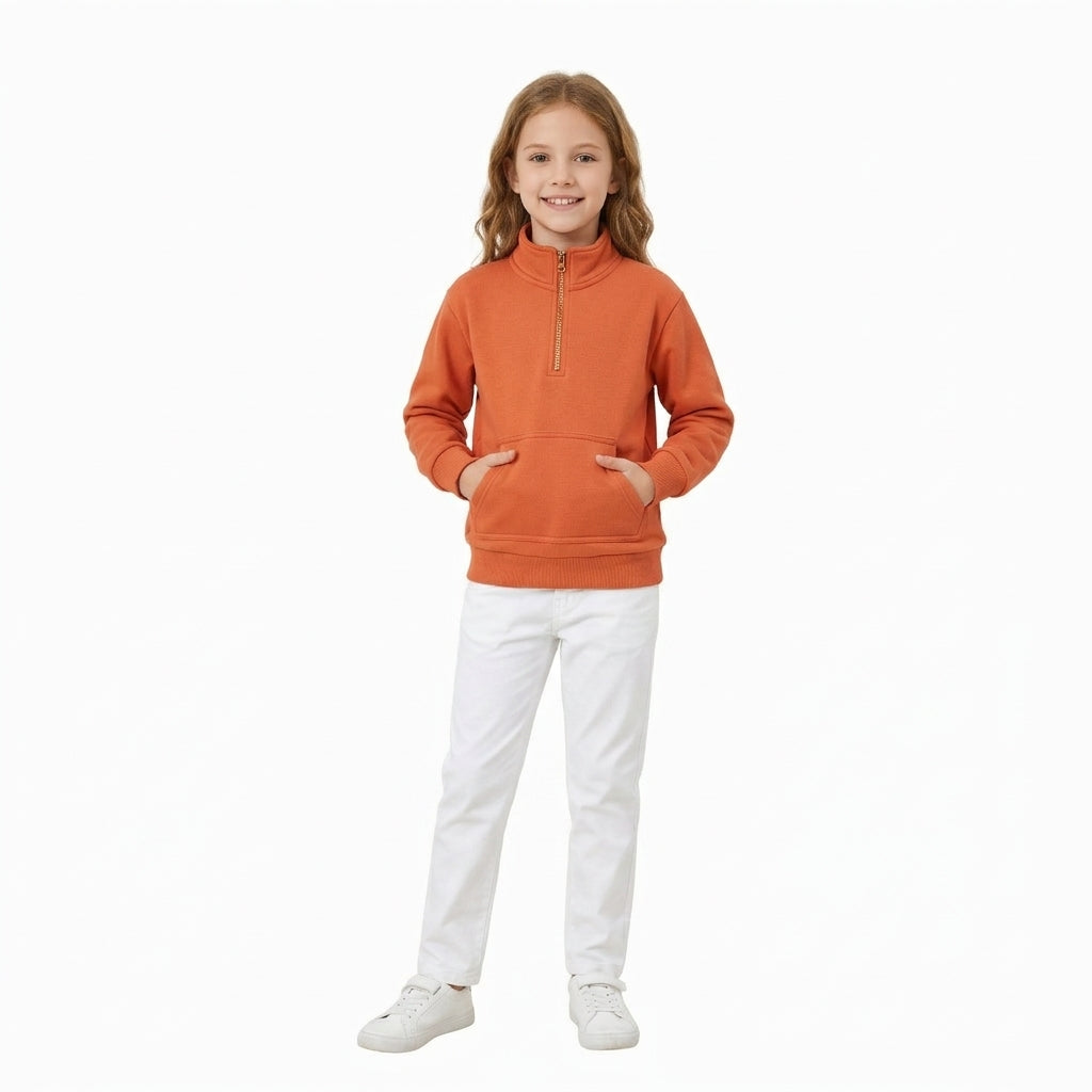 NO MOQ RTS GT1765 Girl Girl Clothes Solid Orange Plain Print Long Sleeve Half Zip Pullover Sweatshirt 202610
