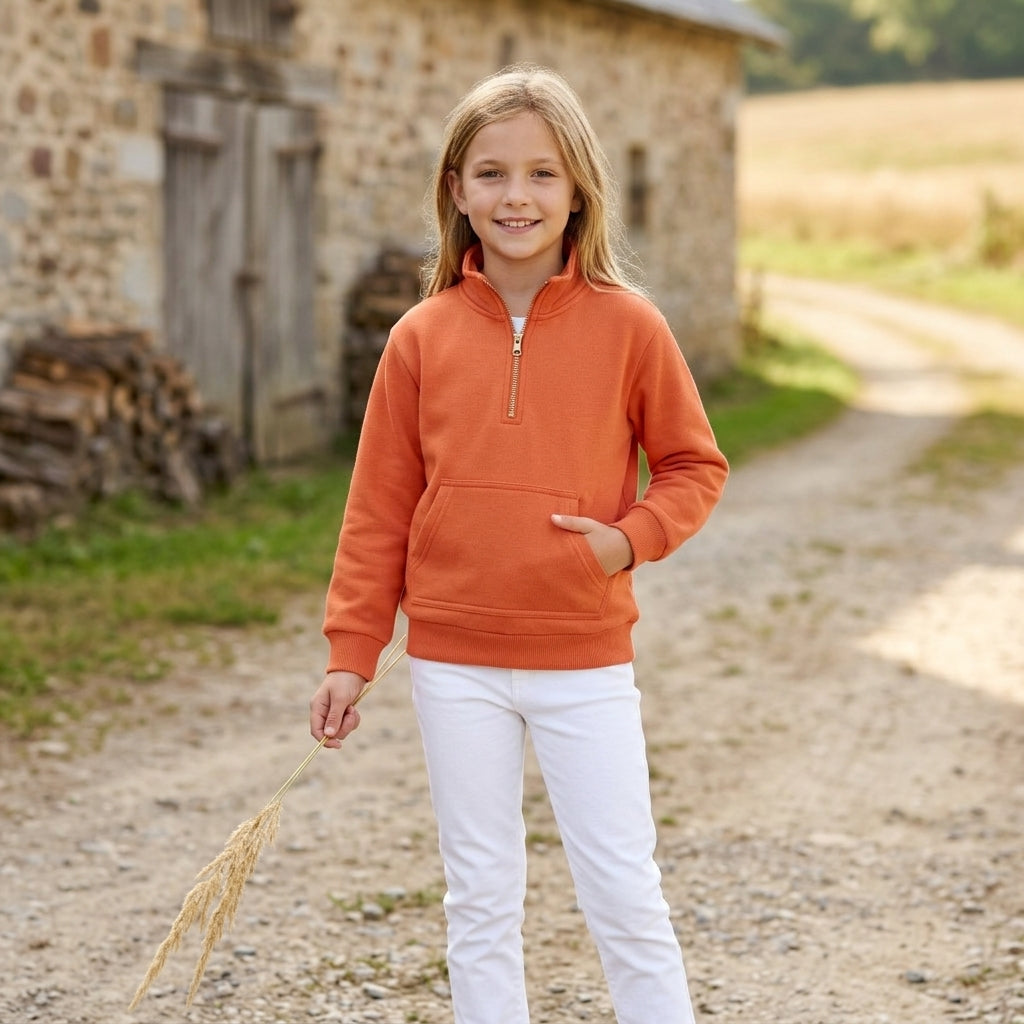 NO MOQ RTS GT1765 Girl Girl Clothes Solid Orange Plain Print Long Sleeve Half Zip Pullover Sweatshirt 202610