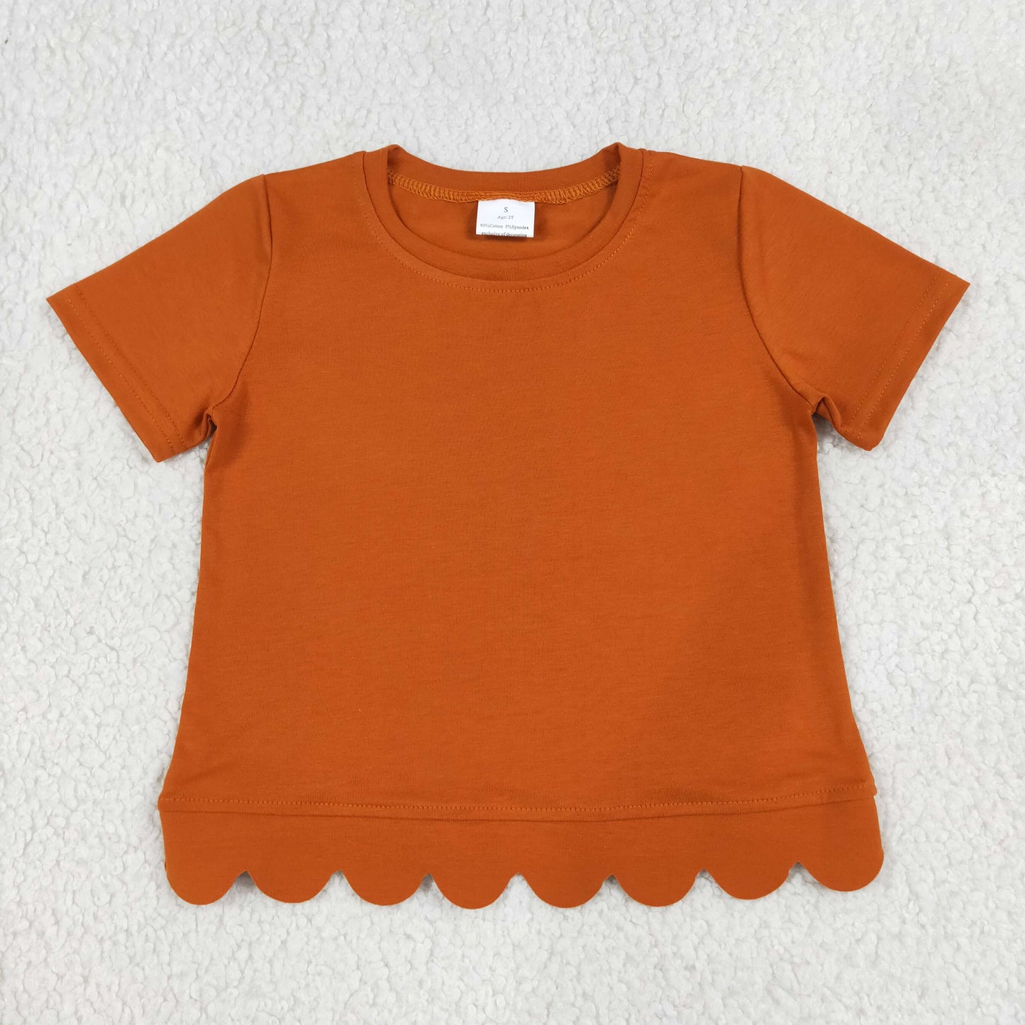 RTS GT1775 Burnt Orange Scallop Hem Girls Top – Short Sleeve Wavy Trim Ribbed Tee, Fall Casual Outfit