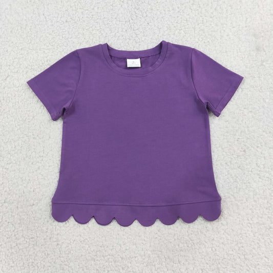 RTS GT1776 Purple Scallop Hem Girls Top – Short Sleeve Wavy Trim Ribbed Tee, Everyday Summer Casual Shirt