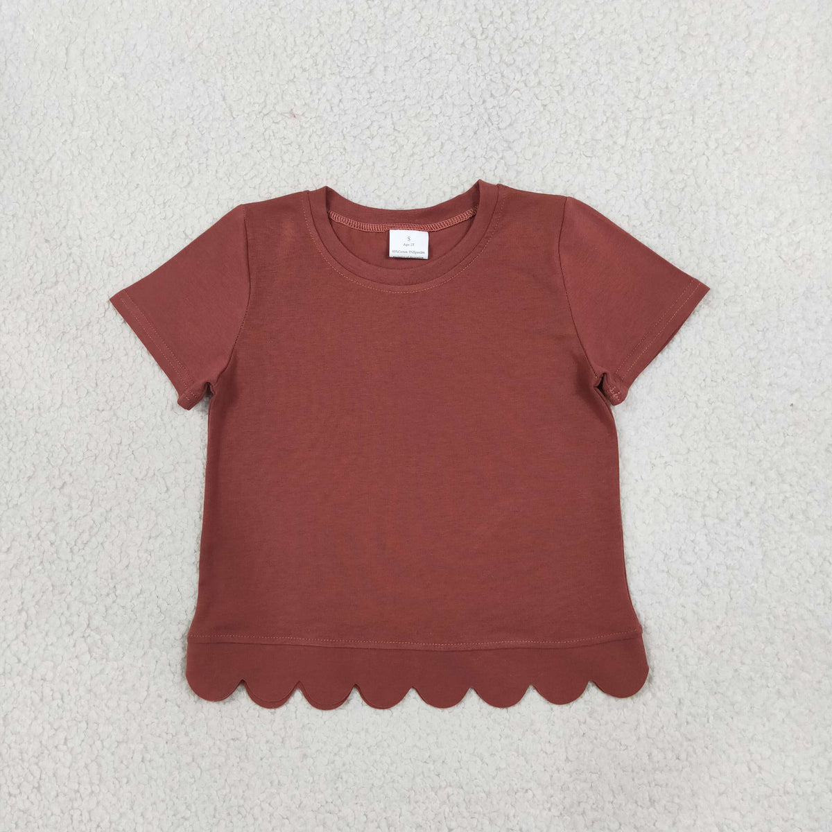 NO MOQ RTS GT1777 Baby Girl Clothes Solid Brick Color Plain Short Sleeve Scallop Hem Tee Top 202610