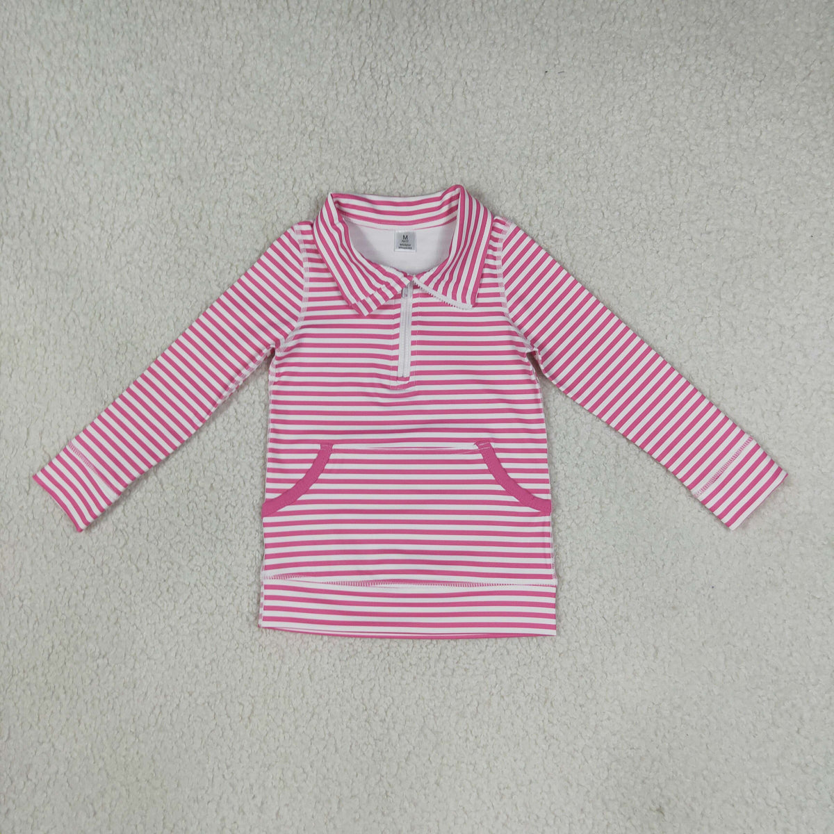 NO MOQ RTS GT1783 Baby Girl Clothes Pink White Striped Allover Print Long Sleeve Half Zip Collar Top 202610